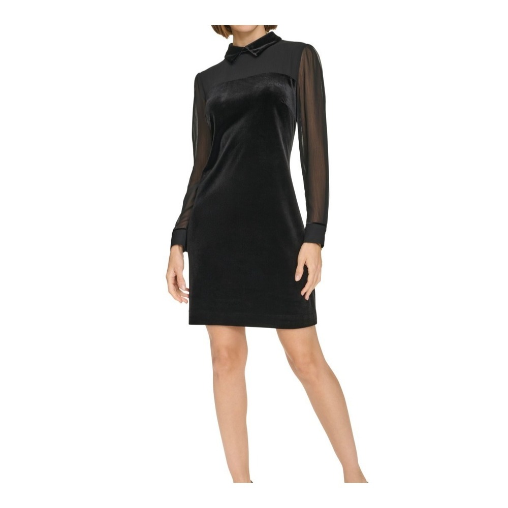 $129 Tommy Hilfiger Crinkle Sheer Long Sleeve Velvet Collar Black Short Dress 6P